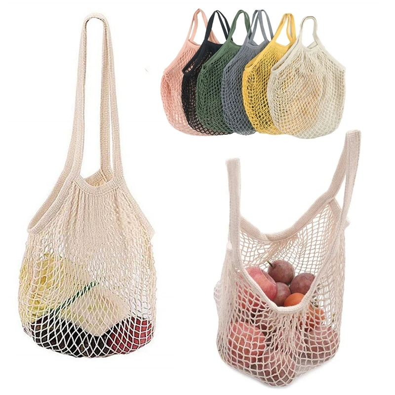 2 Adet Taşınabilir alışveriş çantası Meyve Sebze için Renkli Pamuk Kullanımlık Bakkal çantalar depolama Net Çanta Örgü Uzun Saplı Tote Çanta Görüntü 0
