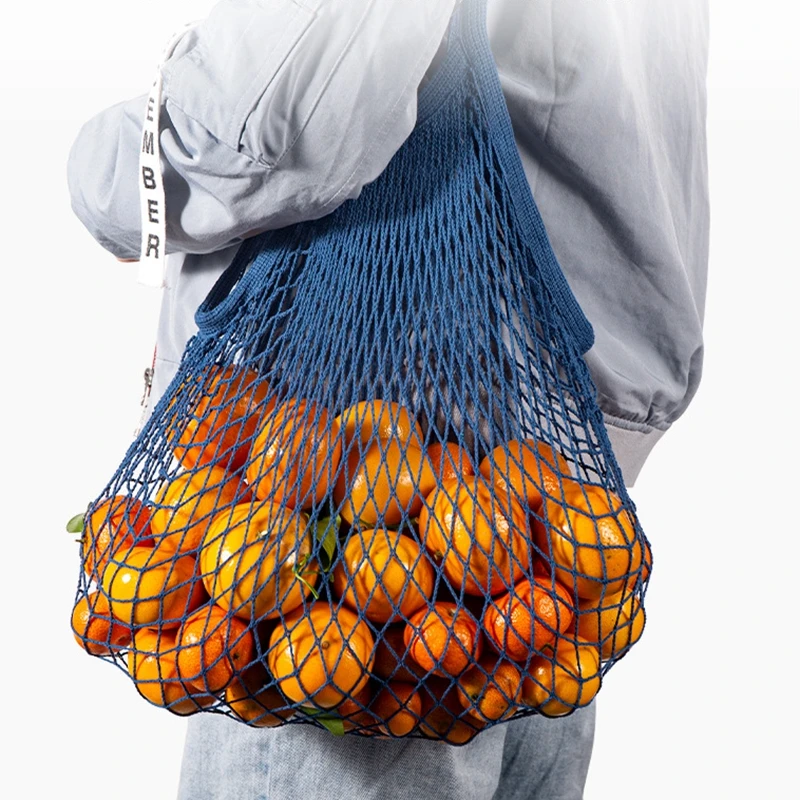 2 Adet Taşınabilir alışveriş çantası Meyve Sebze için Renkli Pamuk Kullanımlık Bakkal çantalar depolama Net Çanta Örgü Uzun Saplı Tote Çanta Görüntü 1