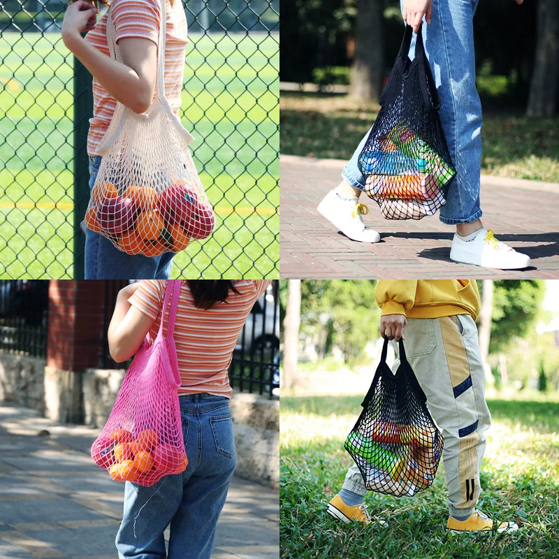 2 Adet Taşınabilir alışveriş çantası Meyve Sebze için Renkli Pamuk Kullanımlık Bakkal çantalar depolama Net Çanta Örgü Uzun Saplı Tote Çanta Görüntü 2