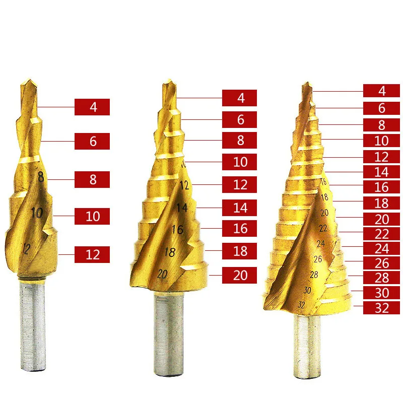 3 Adet Metrik Spiral Flüt Pagoda Şekli Delik Kesici 4-12 / 20 / 32mm HSS Çelik Koni Matkap Ucu Seti HSS Çelik Adım Bileme + Çanta Görüntü 3