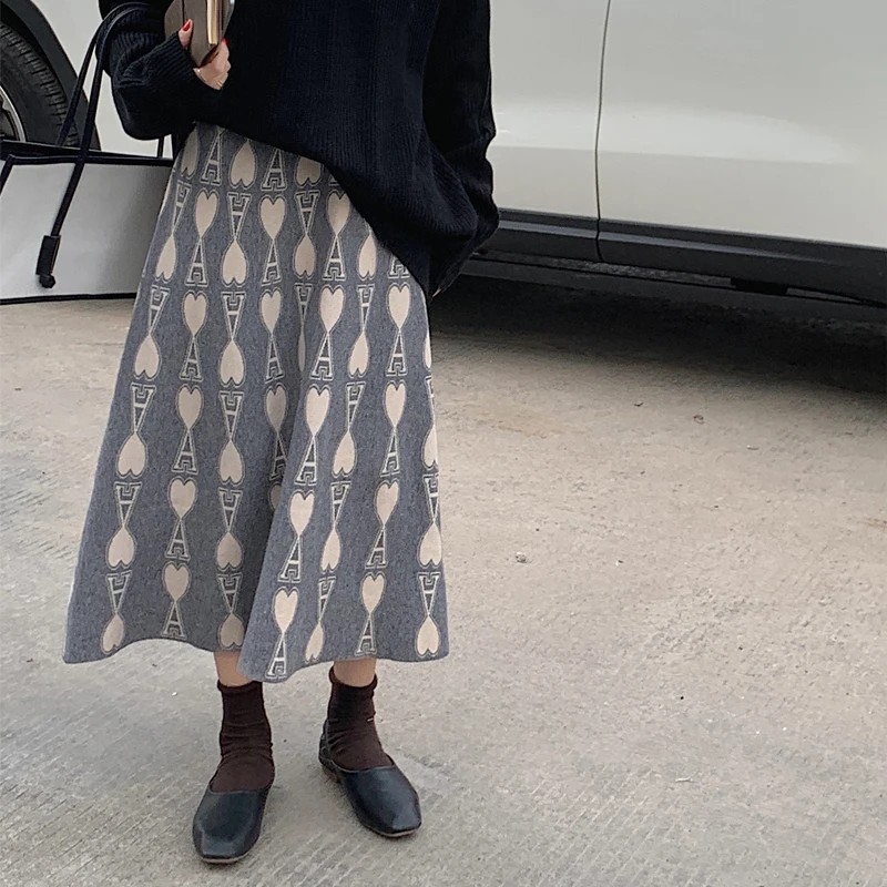 Aşk Şemsiye Örme Zarif Yüksek Belli Kadın İlkbahar Sonbahar Kış Etekler Kore Tarzı Moda 2022 Harajuku Giyim Kawaii Görüntü 2