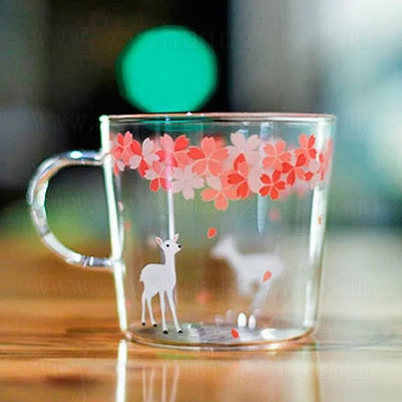Japon Sakura Cam Kahve Kupa Sevimli Kedi Geyik Tavşan çay kupa 280 ml ısıya dayanıklı cam çay kahve fincanı Drinkware ZM1125 Görüntü 3