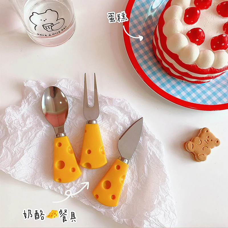Kawaii Peynir Bıçağı Çatal 2022 Yeni Ins Sevimli Kahvaltı Seti Soslu Tereyağlı Kek Ekmek Tatlı Küçük Çatal Görüntü 0