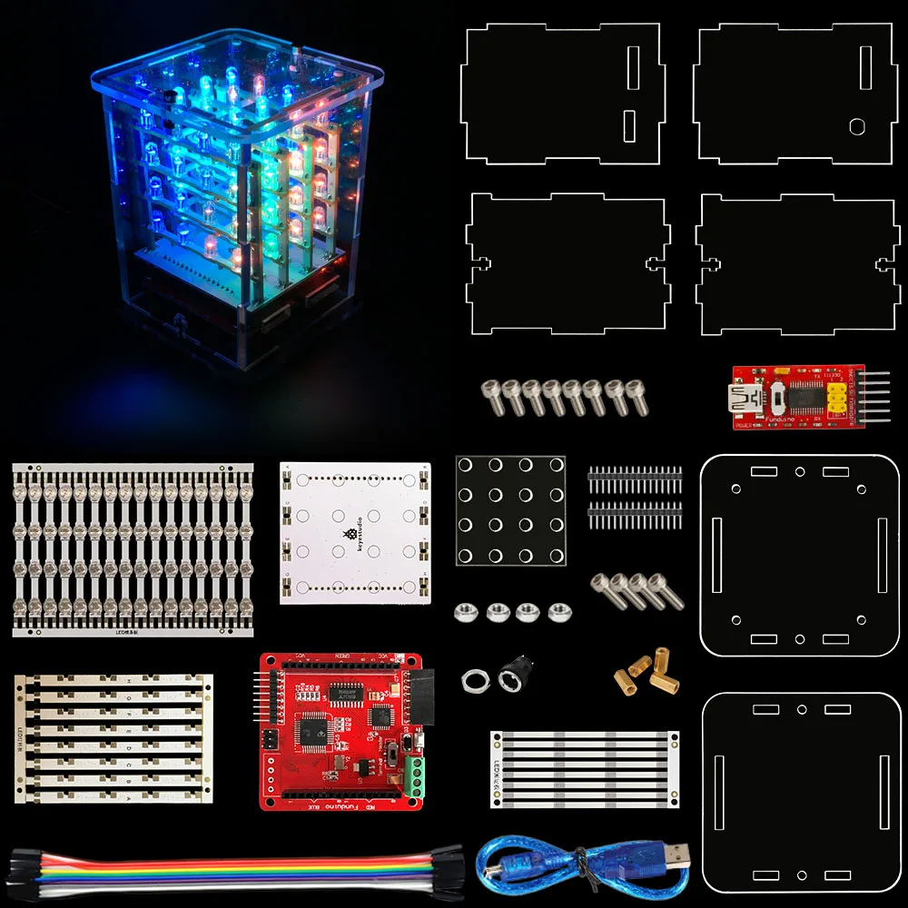 Keyestudio'nun 4*4*4 Araç LED ekran KÜP Başlangıç Kiti Arduino projesi için + RGB sürücü panosu + FDTI modülü (Demonte) Görüntü 2