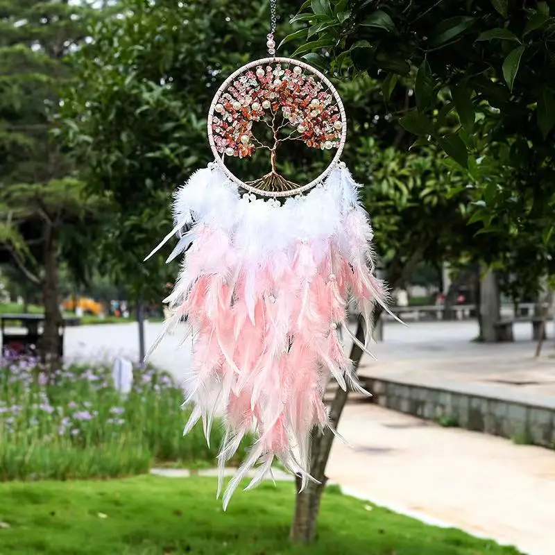 Pembe Kristal Çakıl Hayat Ağacı Dream Catcher Tüy El Sanatları Hediye Dekorasyon Fabrika Satış Görüntü 0