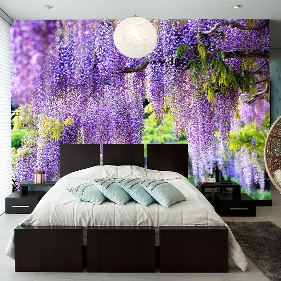 Özel Poster Baskı 3D Romantik Mor çiçek askılığı duvar tablosu Oturma Odası Yatak Odası Fotoğraf Arka Plan Duvar Kağıdı Dekor Görüntü 1