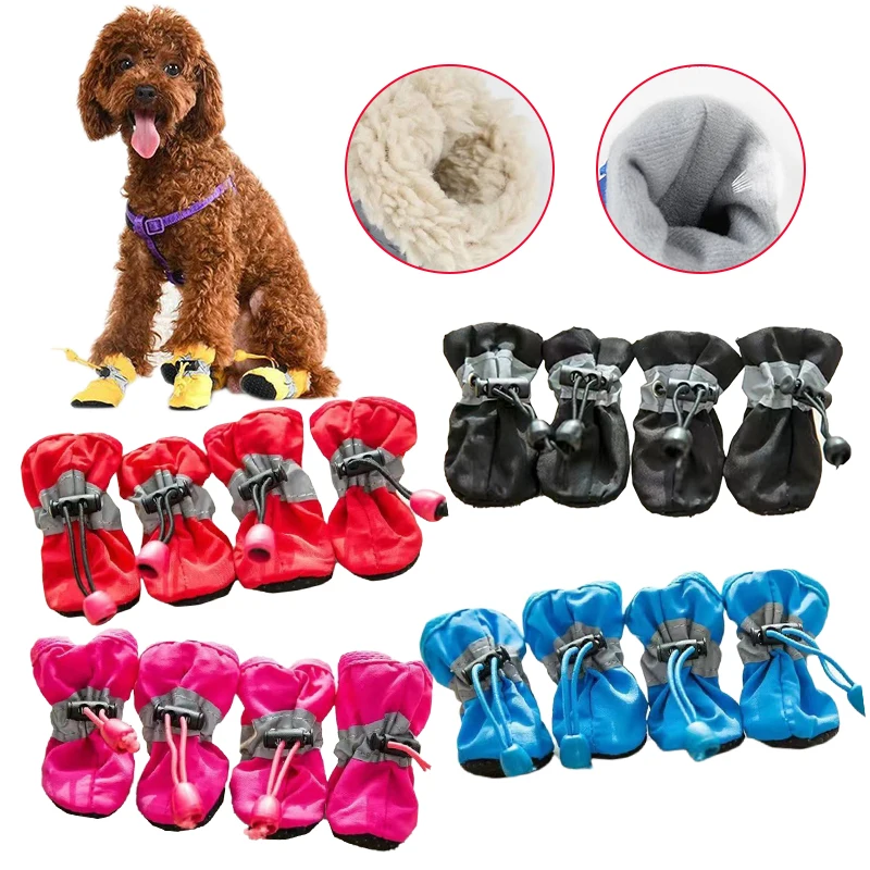 4 adet Antiskid Köpek Ayakkabı Su Geçirmez Kış Pet Köpek kaymaz Yağmur Kar Botları Ayakkabı Kalın Sıcak Prewalkers Çorap Patik Görüntü 0