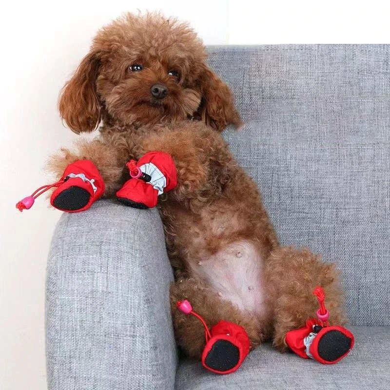 4 adet Antiskid Köpek Ayakkabı Su Geçirmez Kış Pet Köpek kaymaz Yağmur Kar Botları Ayakkabı Kalın Sıcak Prewalkers Çorap Patik Görüntü 1