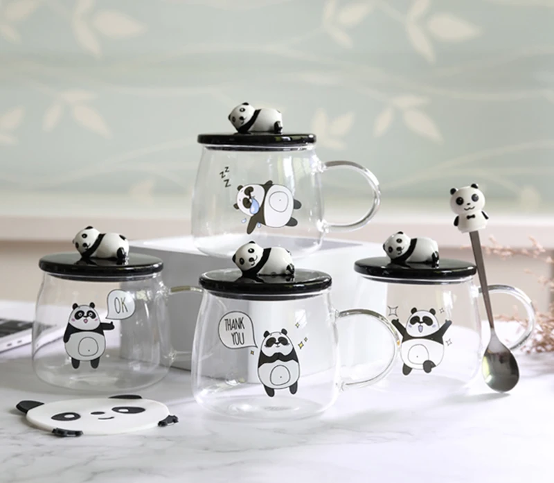 500 ml yaratıcı ısıya dayanıklı cam kapaklı kupa borosilikat cam karikatür panda kupa süt kahvaltı kahve fincanı ev Görüntü 3