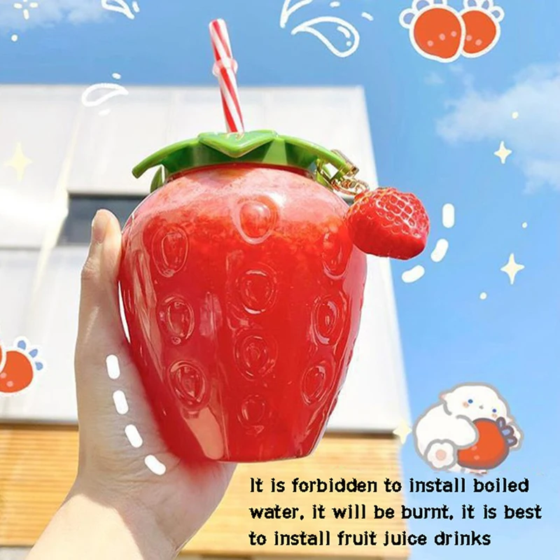 500ml Yaz Sevimli Çilek Saman Su Şişesi Karikatür Gıda Sınıfı Geniş Uygulama Süt Kahve Saman Bardak Ev Drinkware Görüntü 3
