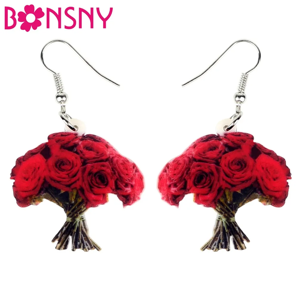 Bonsny Akrilik Yenilik Kırmızı Gül Buketi Posy Küpe Bırak Dangle Moda Bitki Çiçek Takı Kadın Kızlar Düğün Hediyesi Için Toplu Görüntü 0