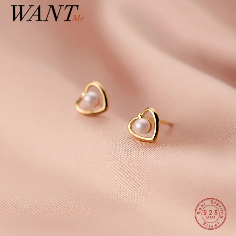 WANTME 925 Ayar Gümüş Romantik Moda Kore Hollow Aşk Kalp İnci Küçük Saplama Küpe Kadınlar için Teem düğün takısı Görüntü 0